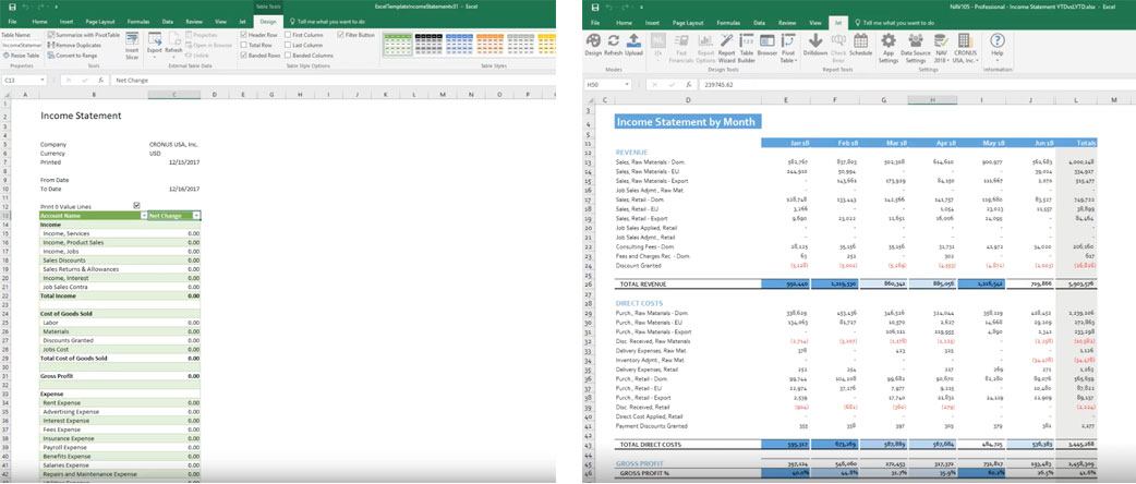 Porównanie raportów programu Excel w systemie NAV 2018 z rozwiązaniem Jet Reports